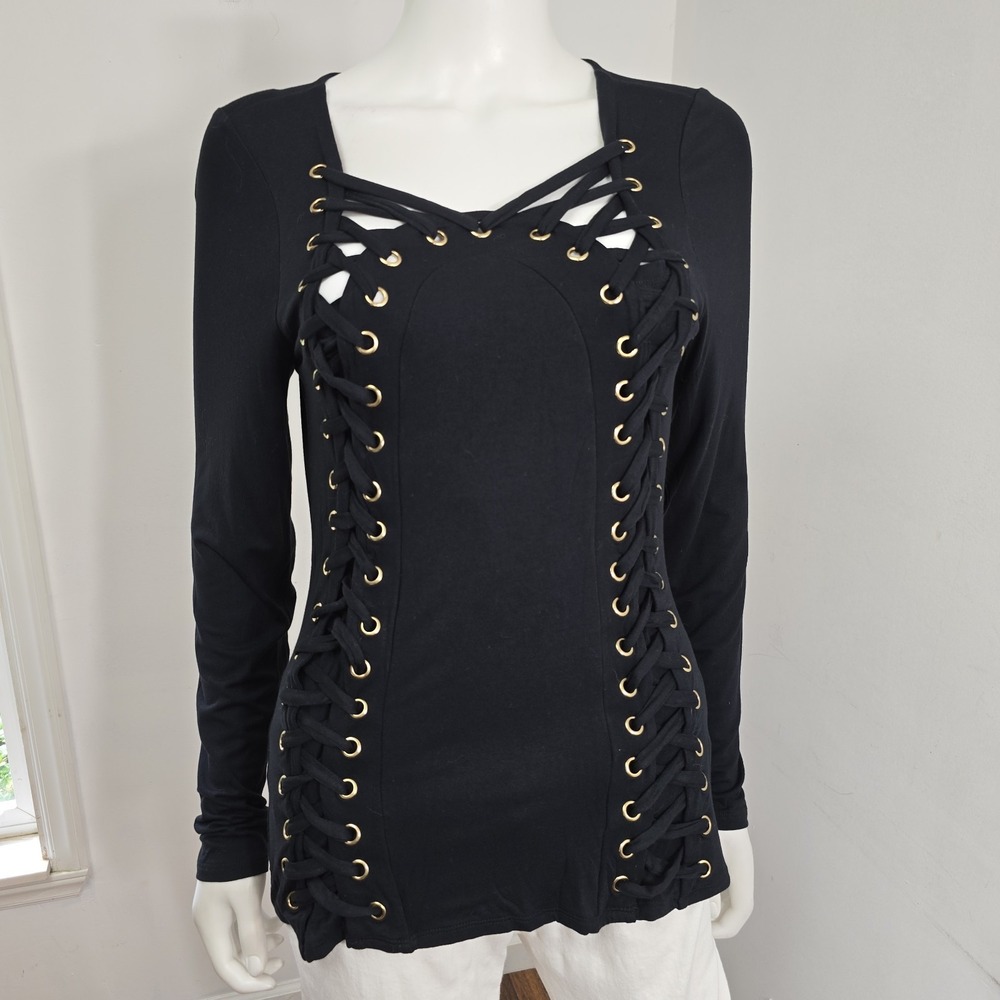 Venus Sexy Lace Around Top Size M Fitted Stretch Long Sleeve Black Goth Grommets